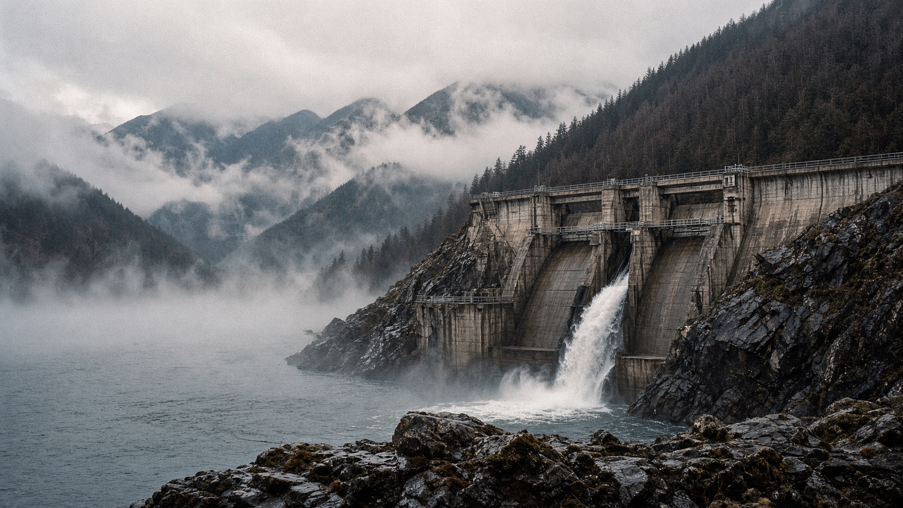 Represa de hormigón en los Andes del sur, niebla sobre el embalse y un chorro en el vertedero.